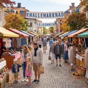 Personer som besöker en knallemarknad