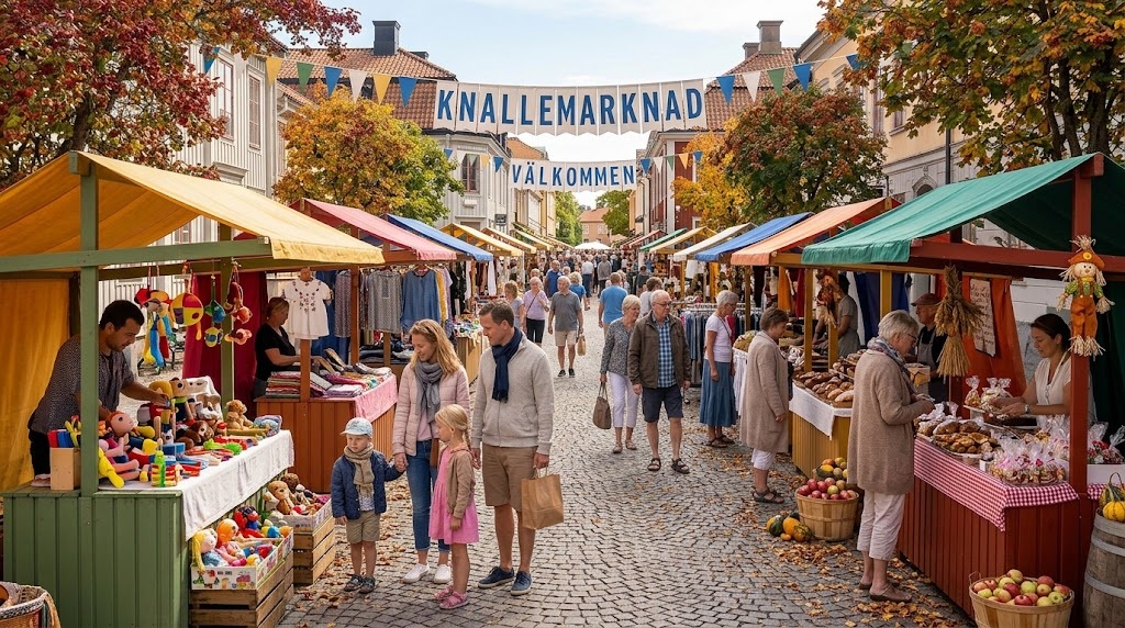 Personer som besöker en knallemarknad