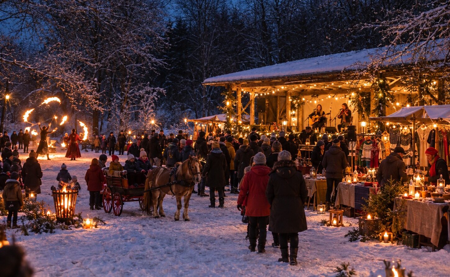Julmarknad i vinterlandskap. En julpyntad dansbana på höger sida med två kvinnor som spelar musik. Försäljningsstånd, människor som går runt, barn som åker häst och vagn, en eldshow, eldkorg och marschaller.