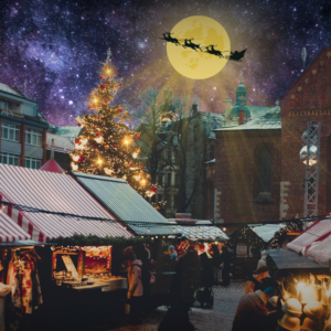 julmarknad med stjärnklar himmel, måne med tomtens släde framför.