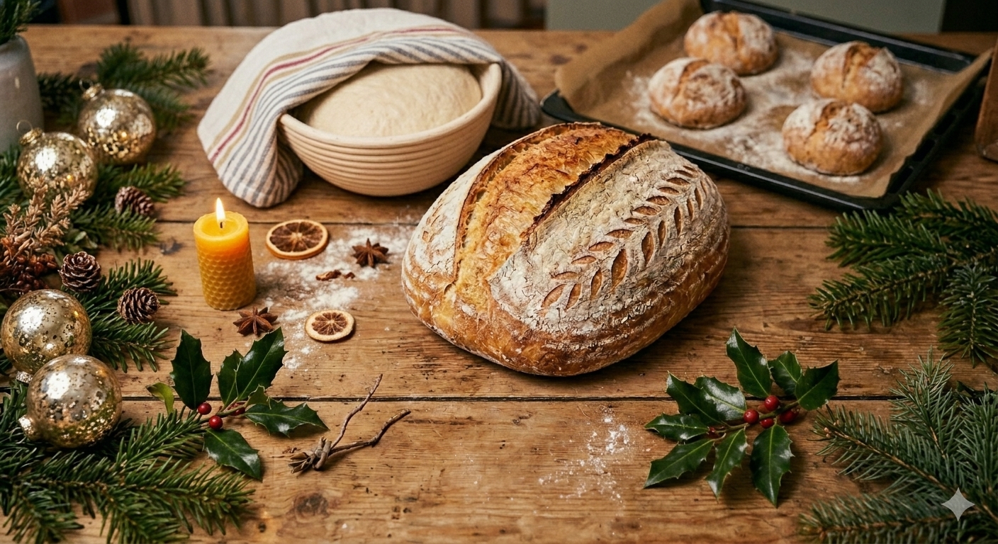 Bild på hembakat bröd på ett bord med julkulor och andra juldekorationer runtomkring.