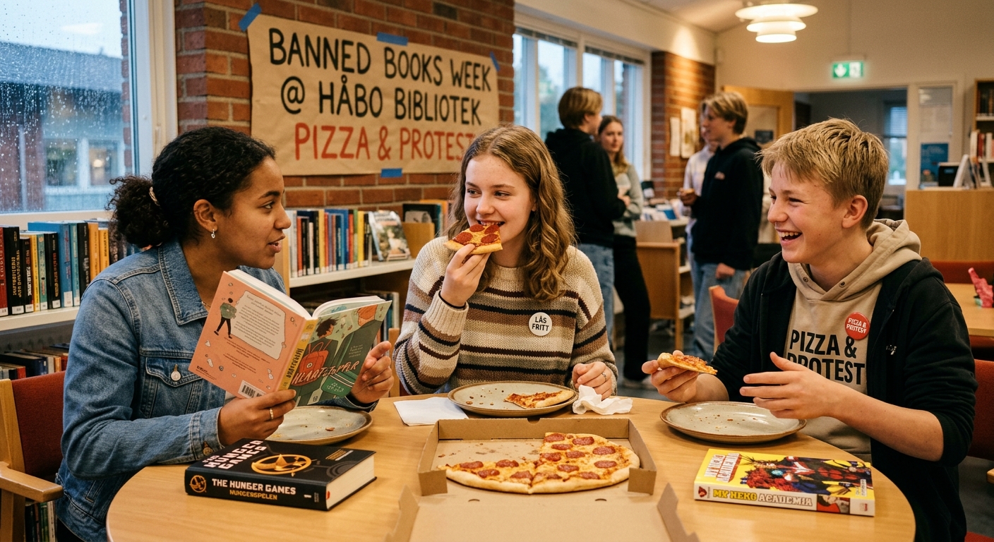 Framtagen av AI. Ungdomar som sitter tillsammans och äter pizza samtidigt som, de diskuterar.