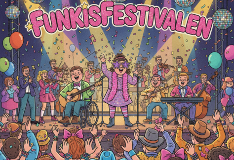 AI genererad i serietecknat format. En melodifestival där tre funktionshindrade personer uppträder tillsammans med en orkester. Det är mycket glitter och glam och glada färger. En stor text ovanför där det står FunkisFestivalen med rosa bokstäver. Publiken dansar lite till musiken. I bakgrunden är det strålkastare, discokulor, ballonger, musiktoner och konfetti.