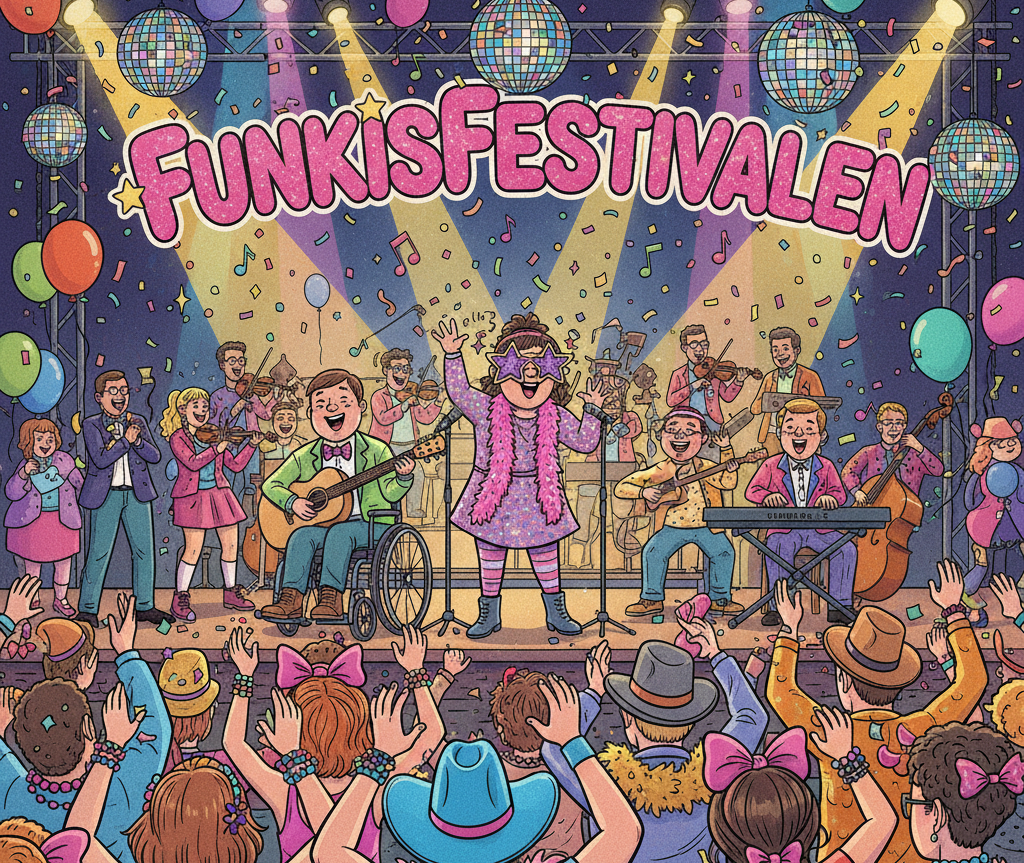AI genererad i serietecknat format. En melodifestival där tre funktionshindrade personer uppträder tillsammans med en orkester. Det är mycket glitter och glam och glada färger. En stor text ovanför där det står FunkisFestivalen med rosa bokstäver. Publiken dansar lite till musiken. I bakgrunden är det strålkastare, discokulor, ballonger, musiktoner och konfetti.