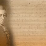 Porträtt av Mozart vid sidan av ett notblad.