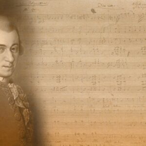 Porträtt av Mozart vid sidan av ett notblad.
