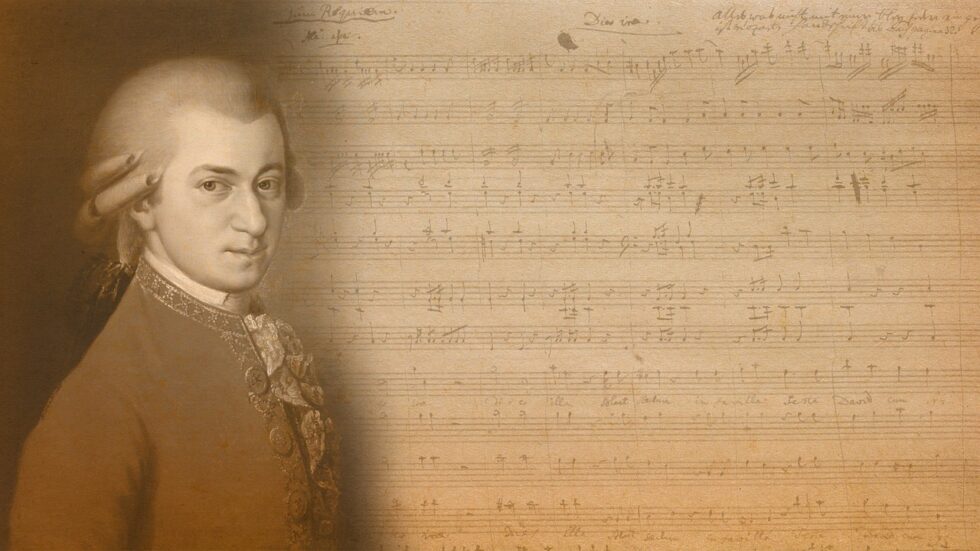 Porträtt av Mozart vid sidan av ett notblad.