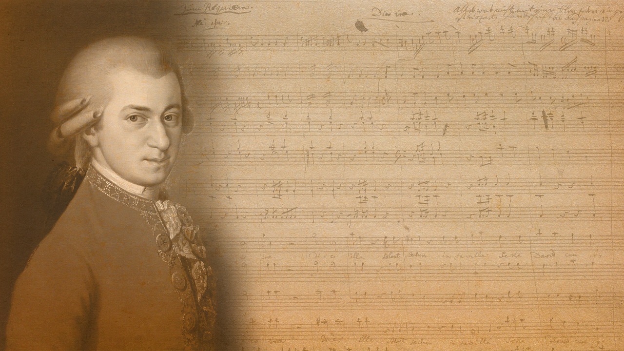 Porträtt av Mozart vid sidan av ett notblad.