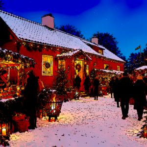 En bild på en stuga i julstämning med granar, marknadsstånd och människor som promenerar utanför i snön.