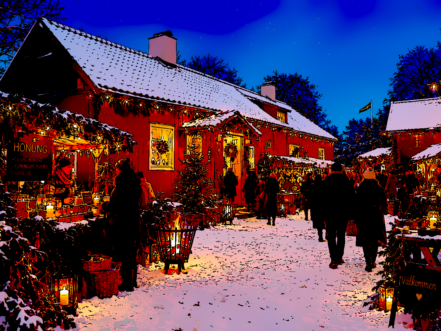 En bild på en stuga i julstämning med granar, marknadsstånd och människor som promenerar utanför i snön.