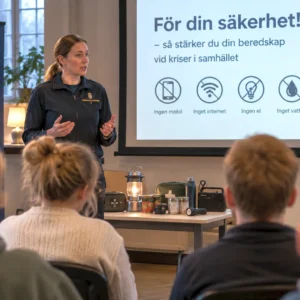 Kvinna håller föredrag om Krisberedskap.