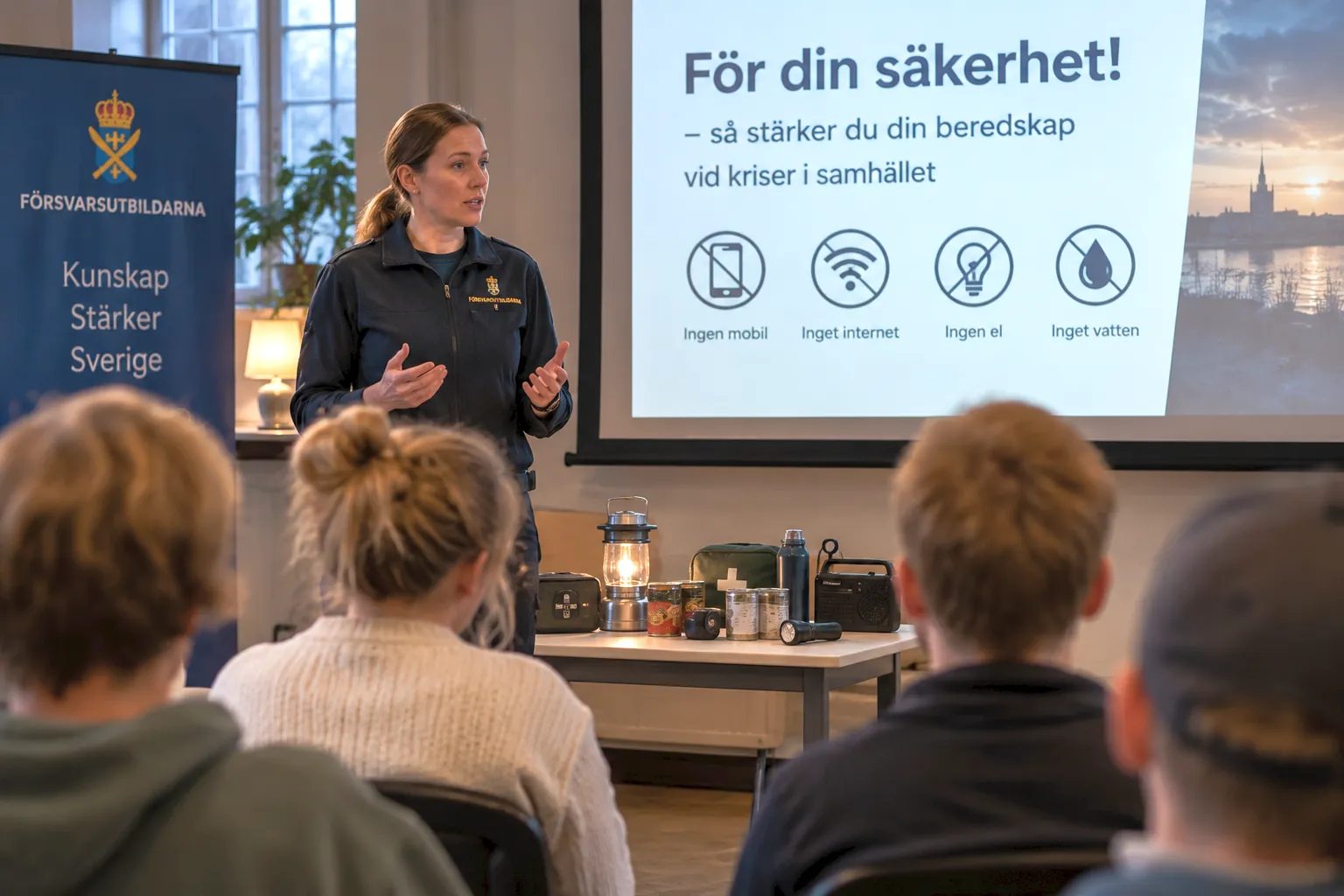 Kvinna håller föredrag om Krisberedskap.