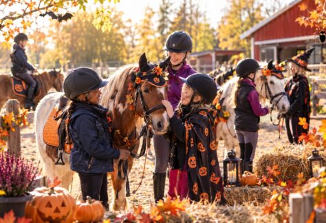 En höstlig halloweenbild utanför en ridskola som har öppet hus