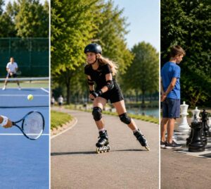 AI-skapat fotokollage av tennisspelare, inlinesåkare och spelare av jätteschack.