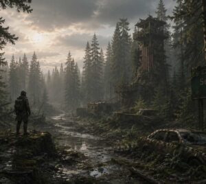 AI-genererad bild av en postapokalyptisk skogsmiljö.